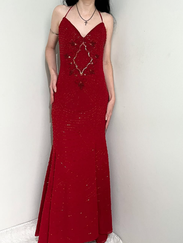 Vintage Mermaid Spaghetti Strap Sequin Beaded Red Chiffon Evening Dress Party Dress HZ1023